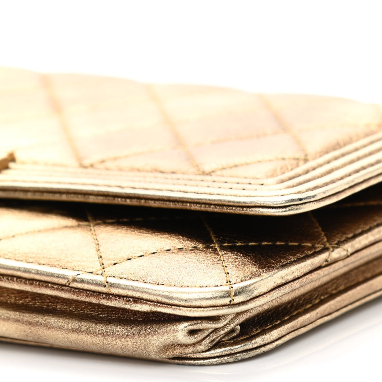 Distressed Calfskin Quilted Boy Wallet On Chain WOC Gold