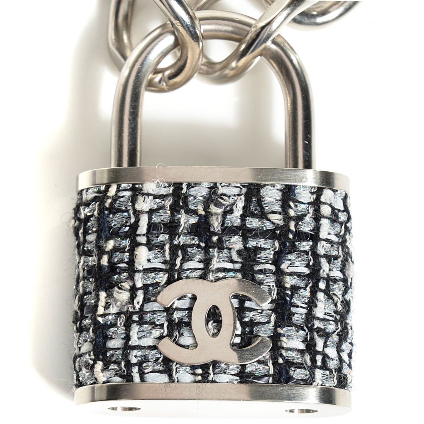 Tweed CC Oversized Padlock Chain Necklace Silver