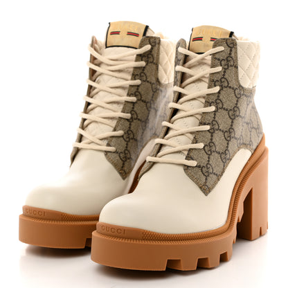 Gucci Calfskin GG Supreme Monogram Nappa Quilted Lace Up Ankle Boots 40.5 Mystic White Beige 3 of 9