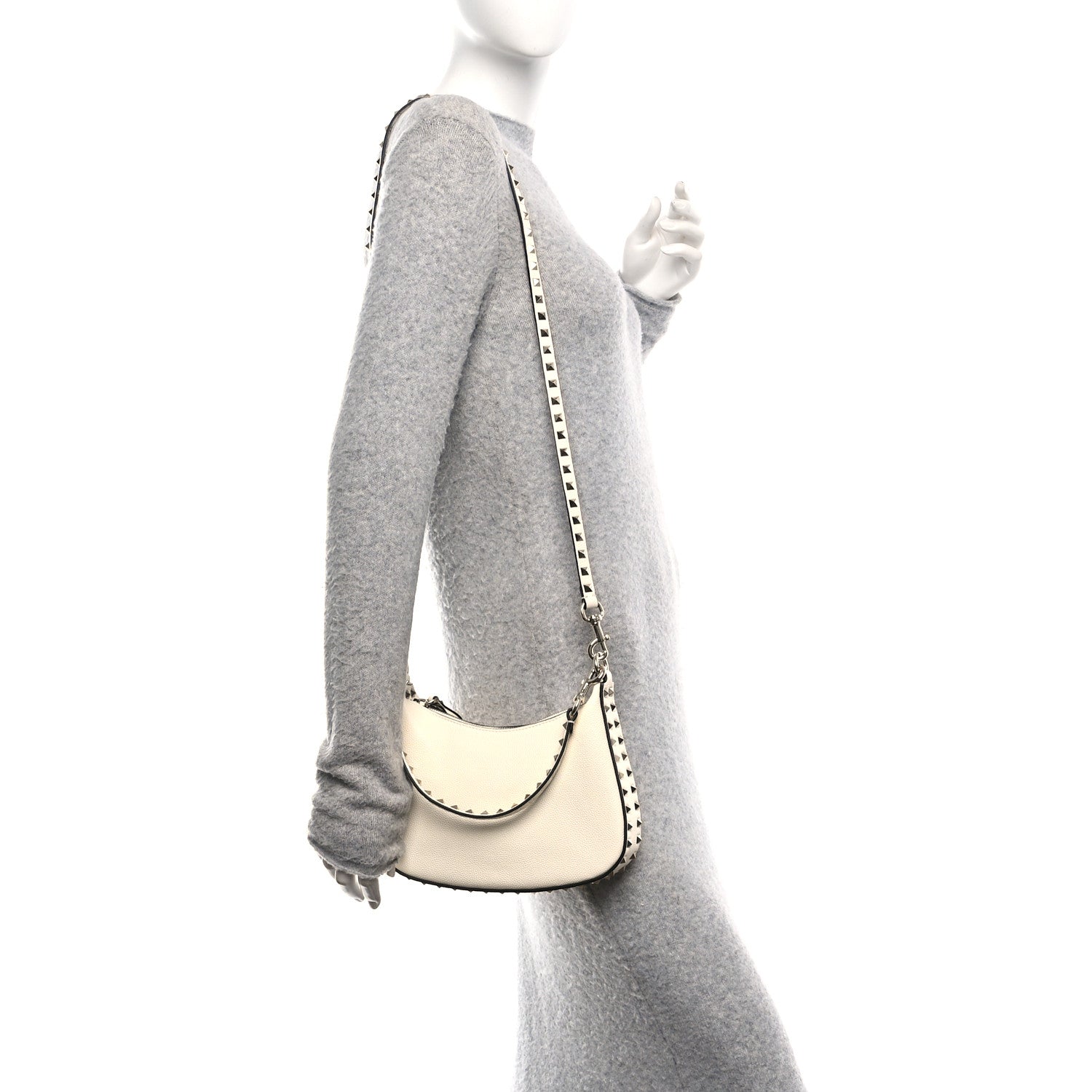 Valentino Garavani Pebbled Calfskin Small Rockstud Hobo Bag Ivory 2 of 9