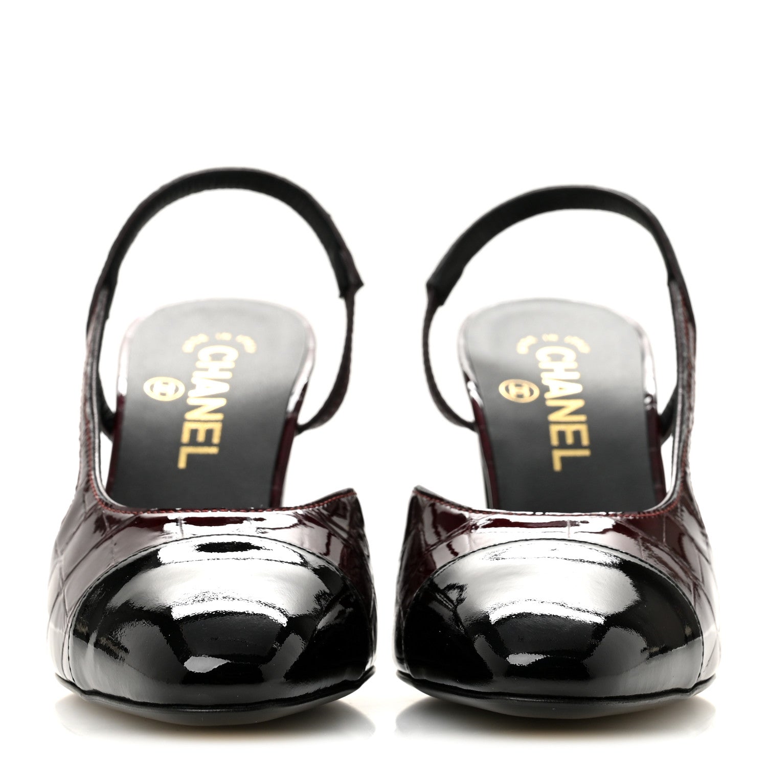 Chanel Patent Calfskin Crocodile Embossed Cap Toe CC Slingback Pumps 36.5 Dark Burgundy Black 3 of 10