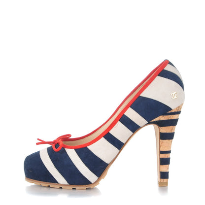 Chanel Suede Cork CC Striped Pumps 39 Navy White 1 of 9
