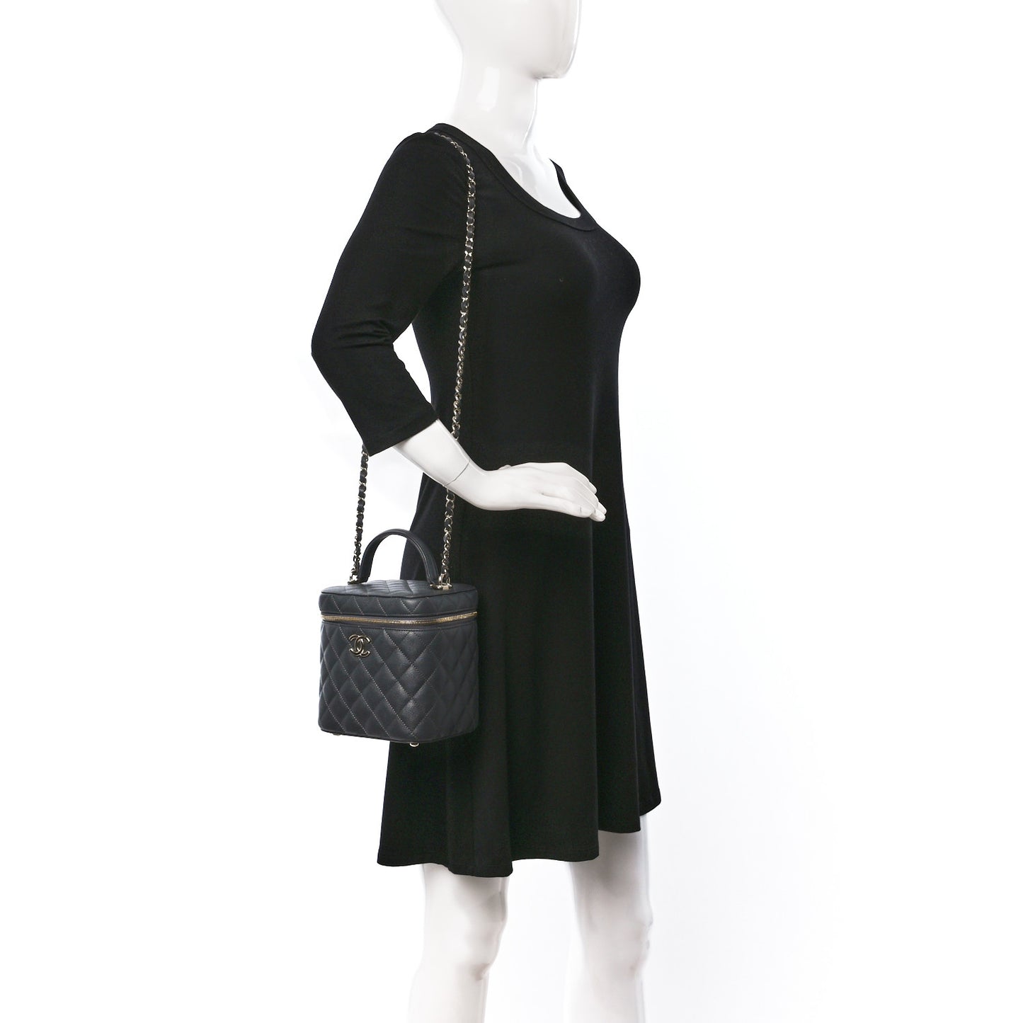 Caviar Quilted Small Top Handle Vanity Case With Chain Dark Grey