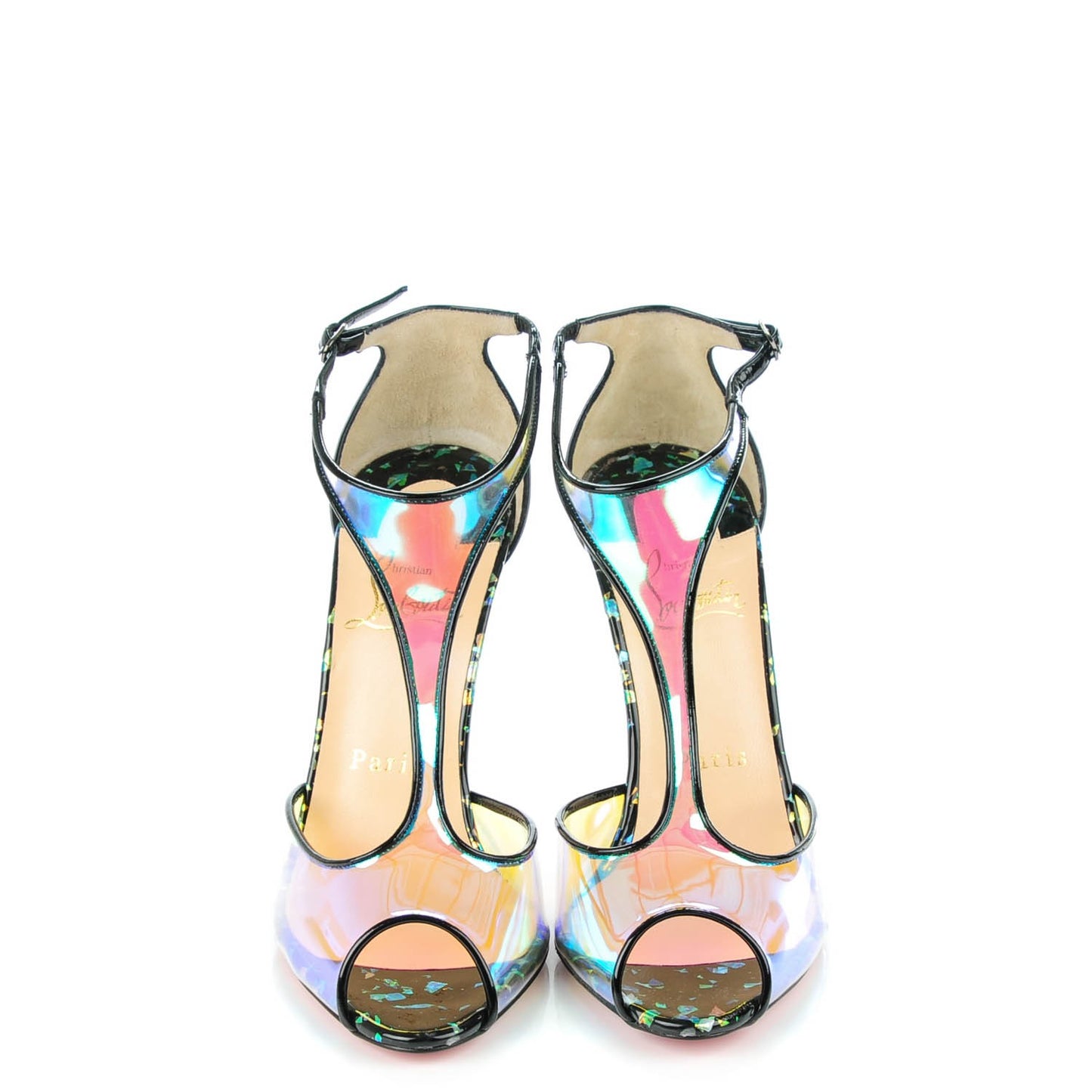 Disco Hologram PVC Patent Tiny 100 T-Strap Pumps 36 Black Multicolor