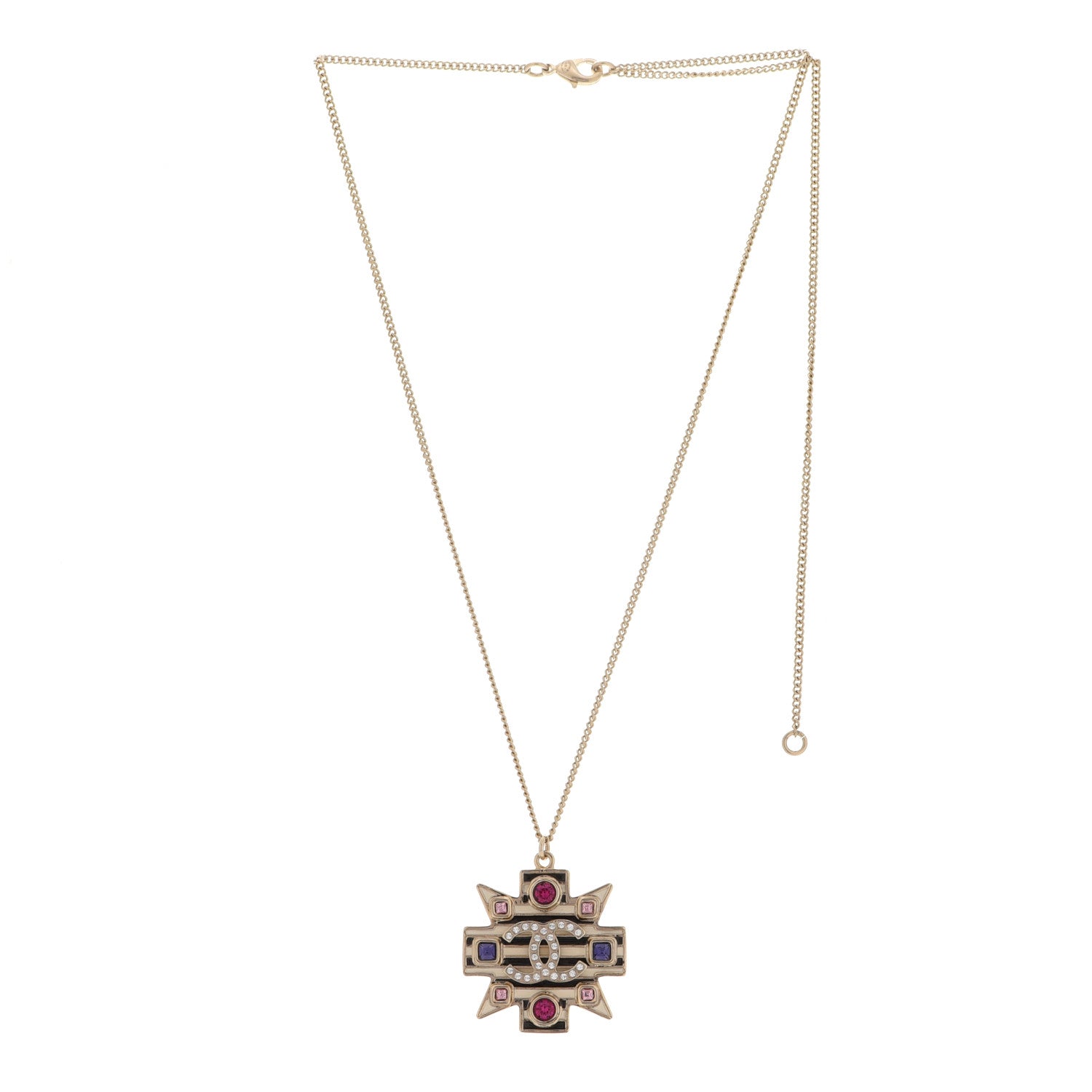 Chanel Crystal Enamel Stripe CC Pendant Necklace Gold Multicolor 3 of 6