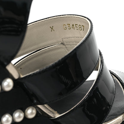 Chanel Patent Calfskin Grosgrain Pearl CC Wedge Sandals 38.5 Black 8 of 10