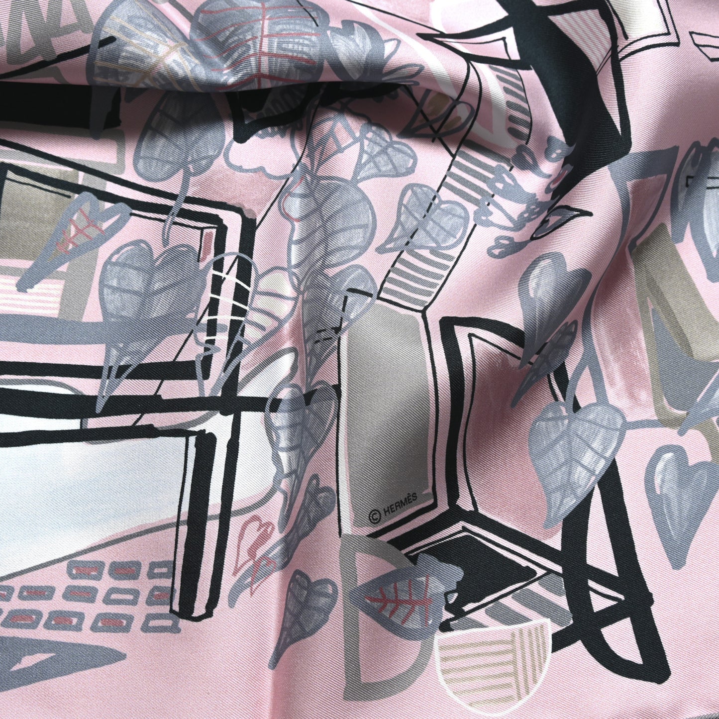 Silk Modernisme Tropical Scarf 90 Rose Pale Argile Gris