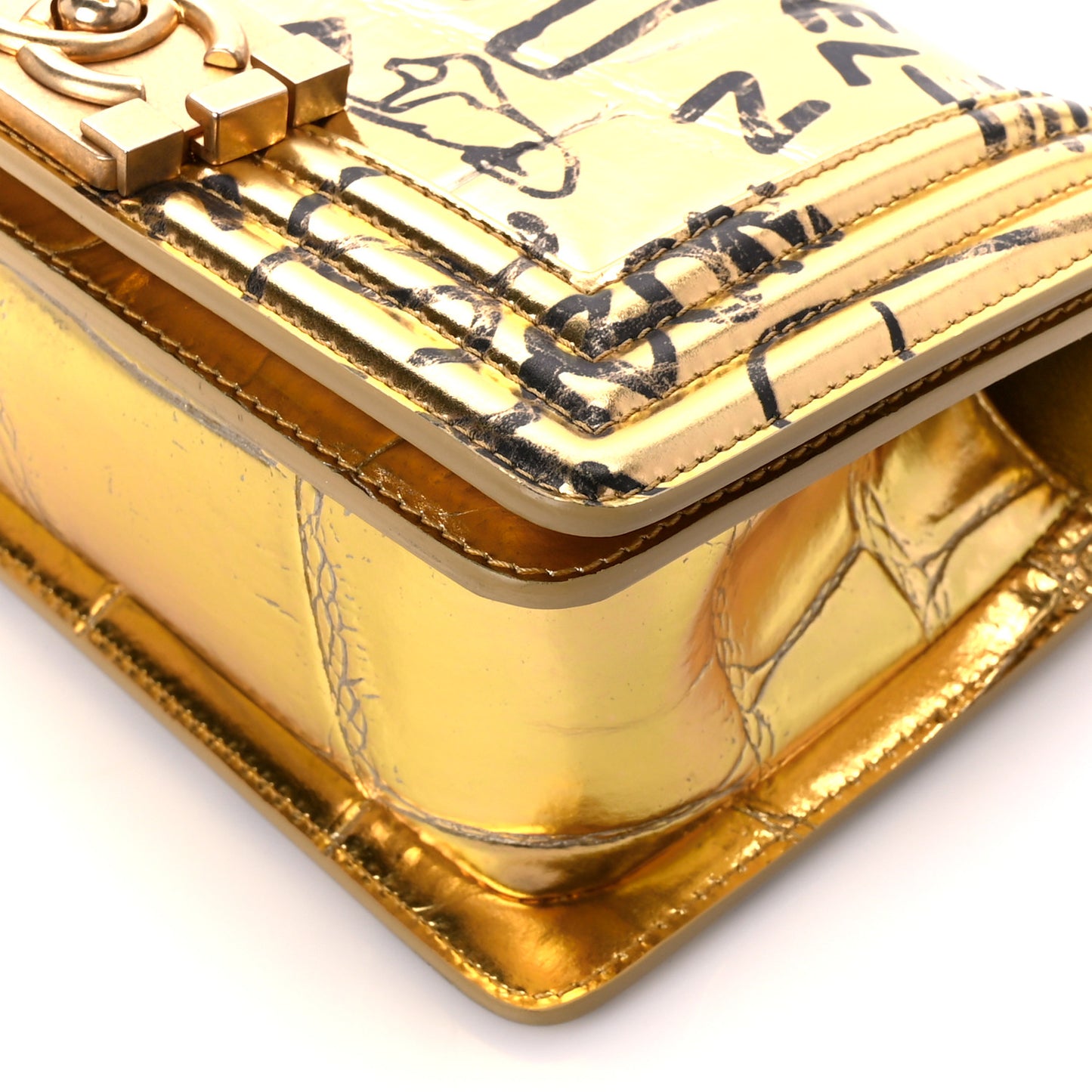 Metallic Calfskin Crocodile Embossed Graffiti Medium Cocodile Boy Flap Gold