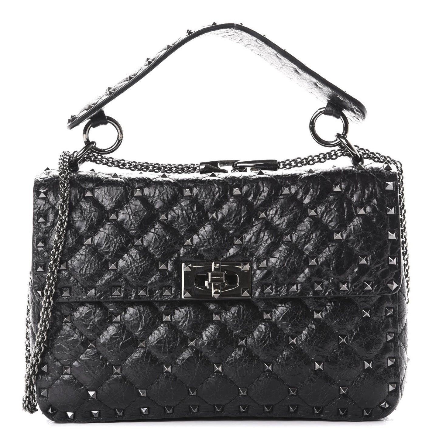 Craquele Nappa Medium Rockstud Spike Shoulder Bag Black