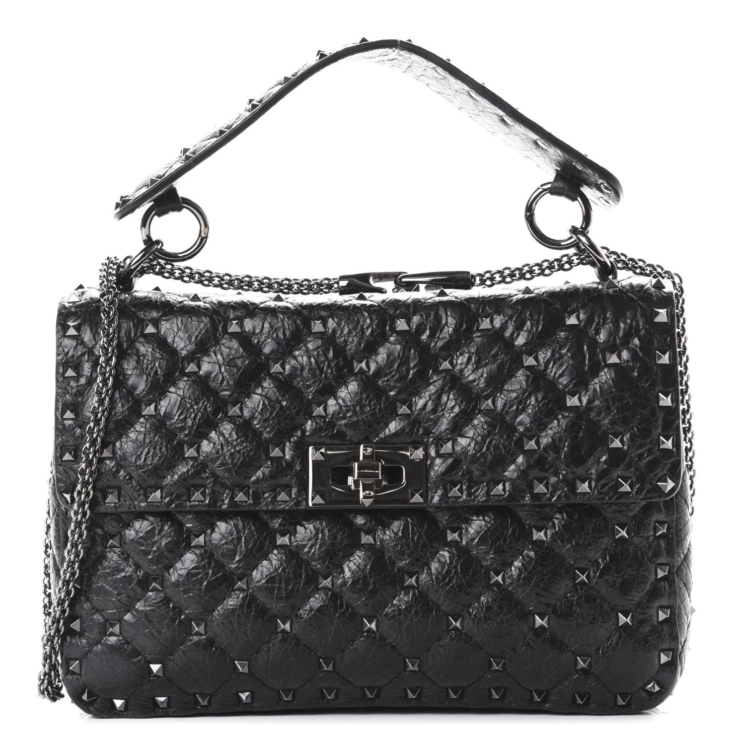 Valentino Garavani Craquele Nappa Medium Rockstud Spike Shoulder Bag Black 1 of 10