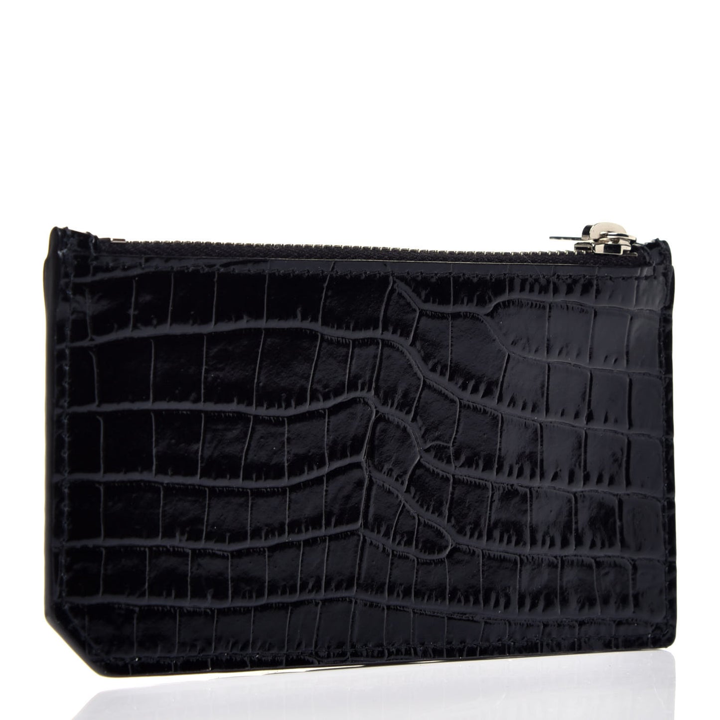 Calfskin Crocodile Embossed 5 Fragments Zip Pouch Card Holder Black