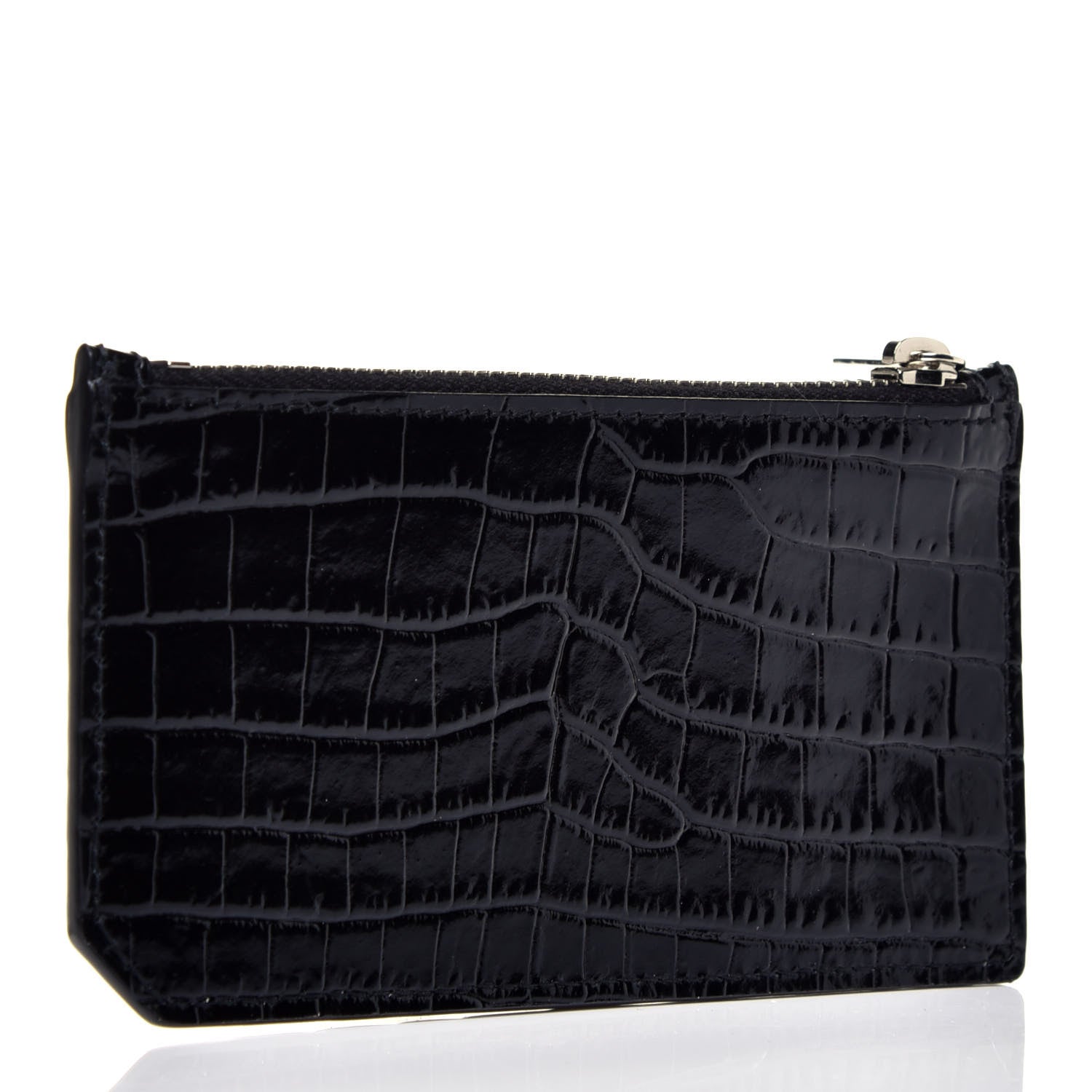 Saint Laurent Calfskin Crocodile Embossed 5 Fragments Zip Pouch Card Holder Black 3 of 7
