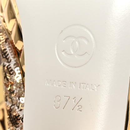 Chanel Metallic Sequin Peep Toe Pumps 37.5 Light Gold White 8 of 14