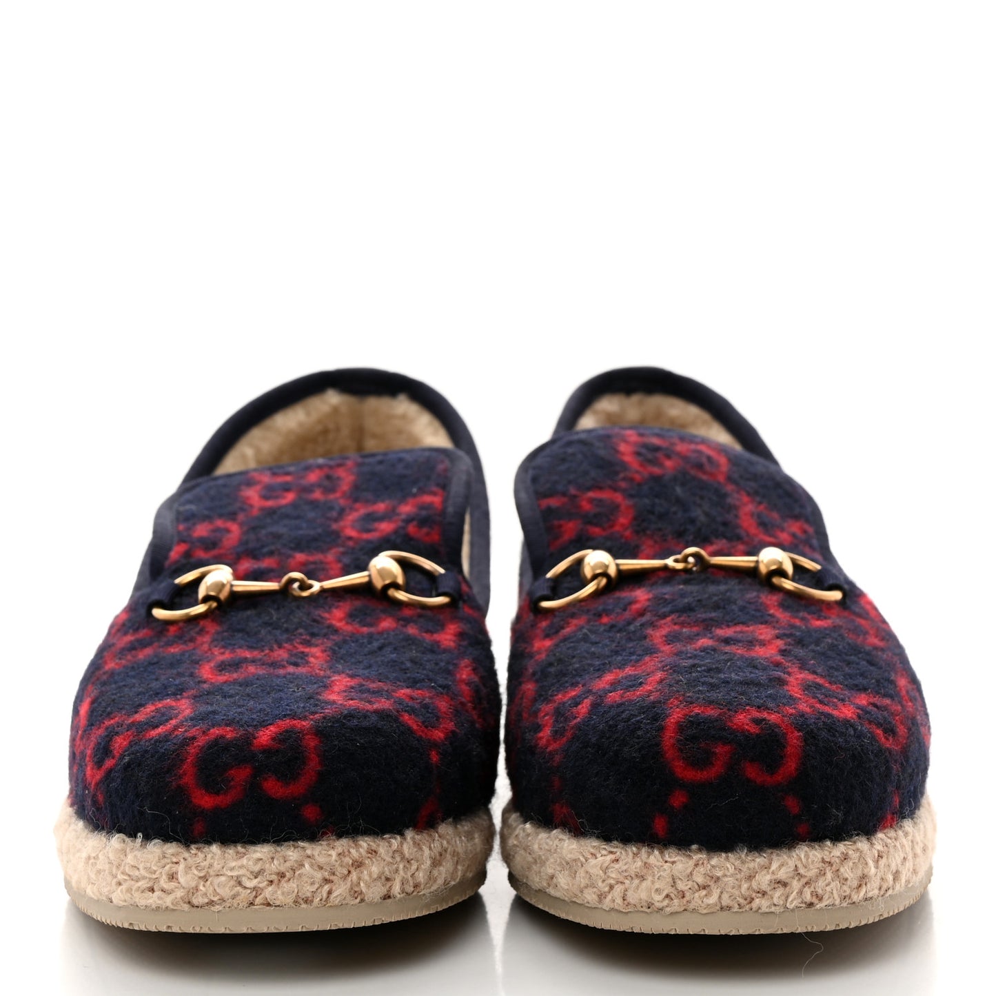 Covered Wool GG Monogram Mens Fria Horsebit Loafers 6 Blue Red Butterscotch