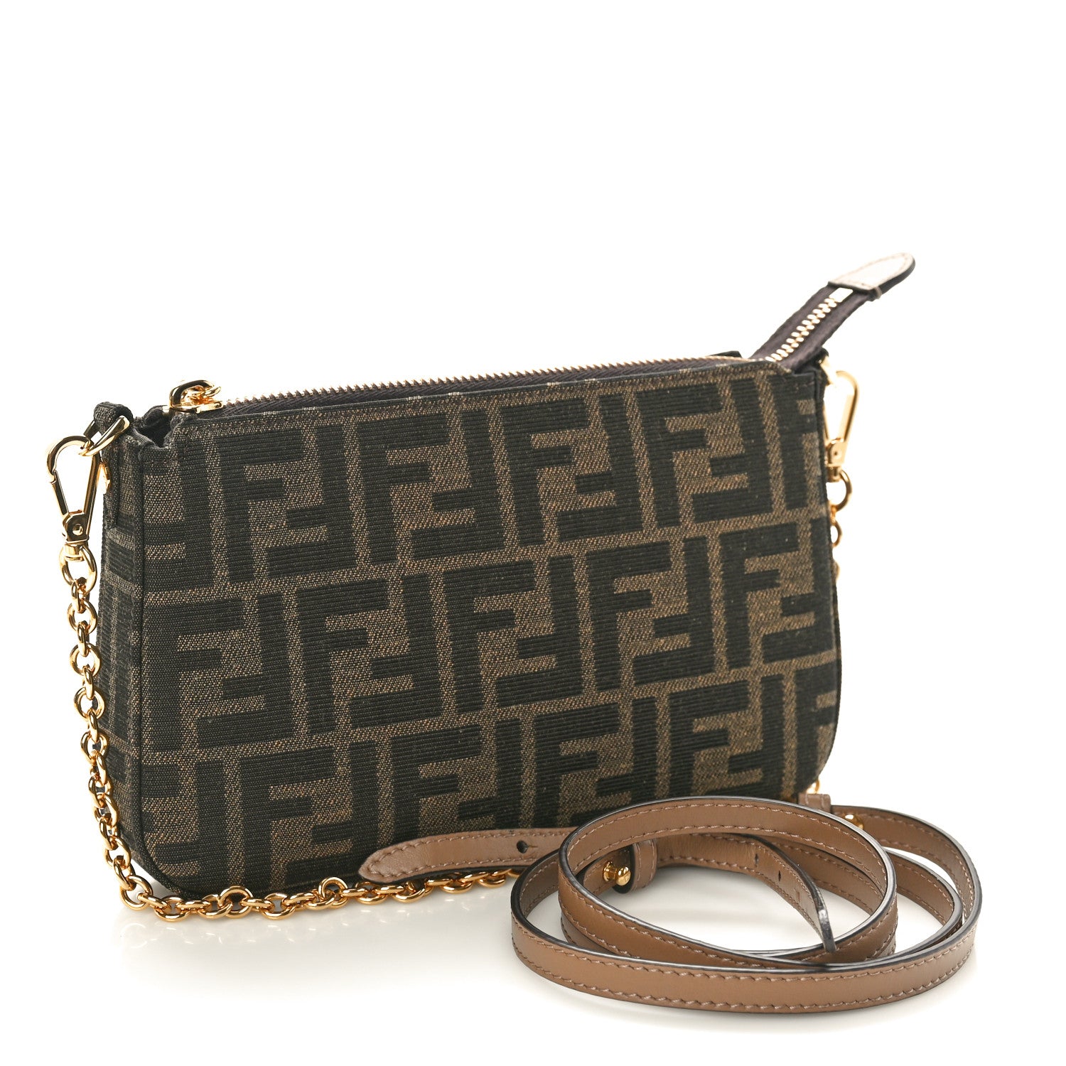 Fendi Fabric Jacquard Vitello Grace FF 1974 Baguette Pouch Tobacco Moro Sand 3 of 10