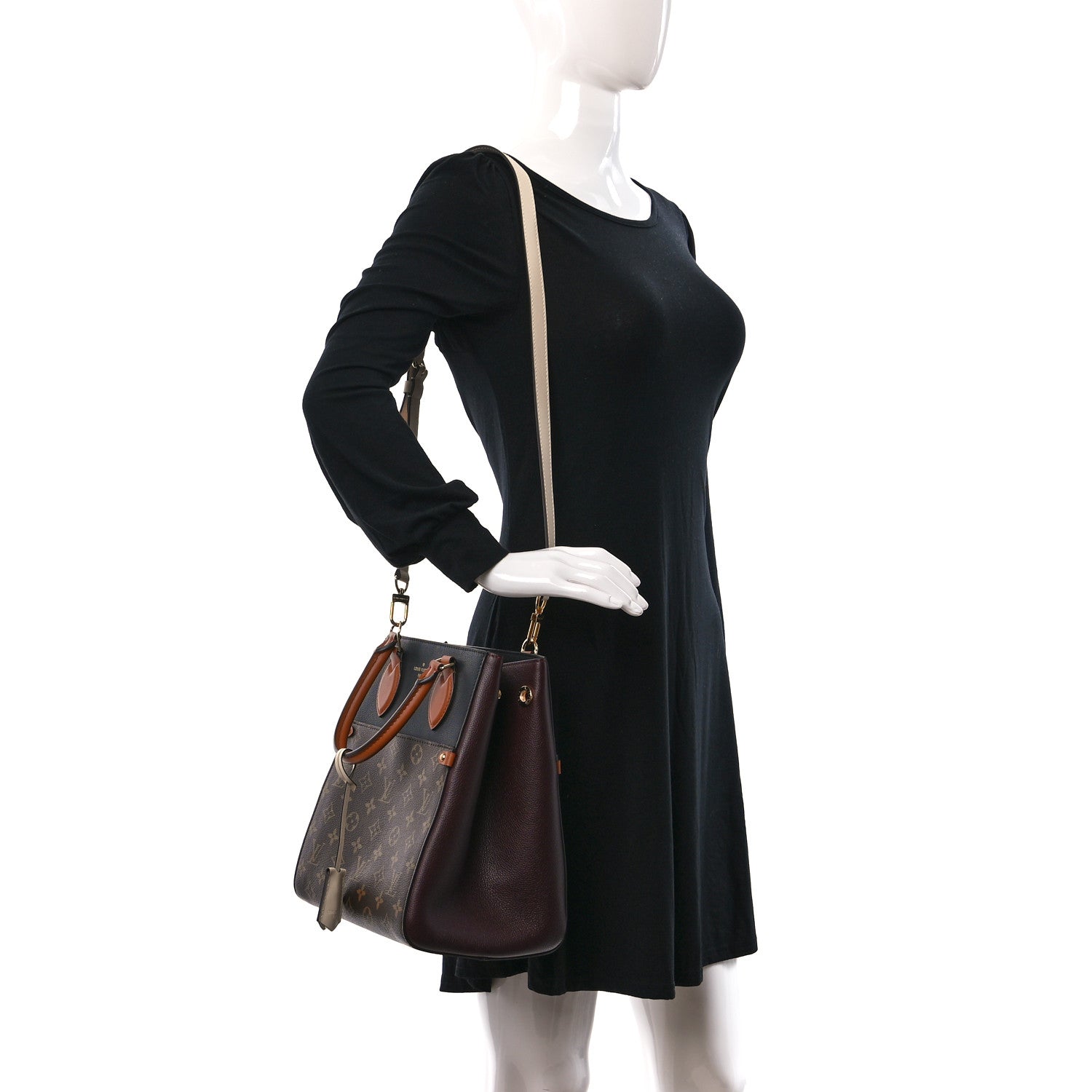 Louis Vuitton Calfskin Monogram Fold Tote MM Black Wine Cream 2 of 10