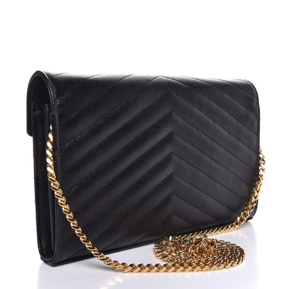 Saint Laurent Grain De Poudre Matelasse Chevron Monogram Chain Wallet Black 3 of 8