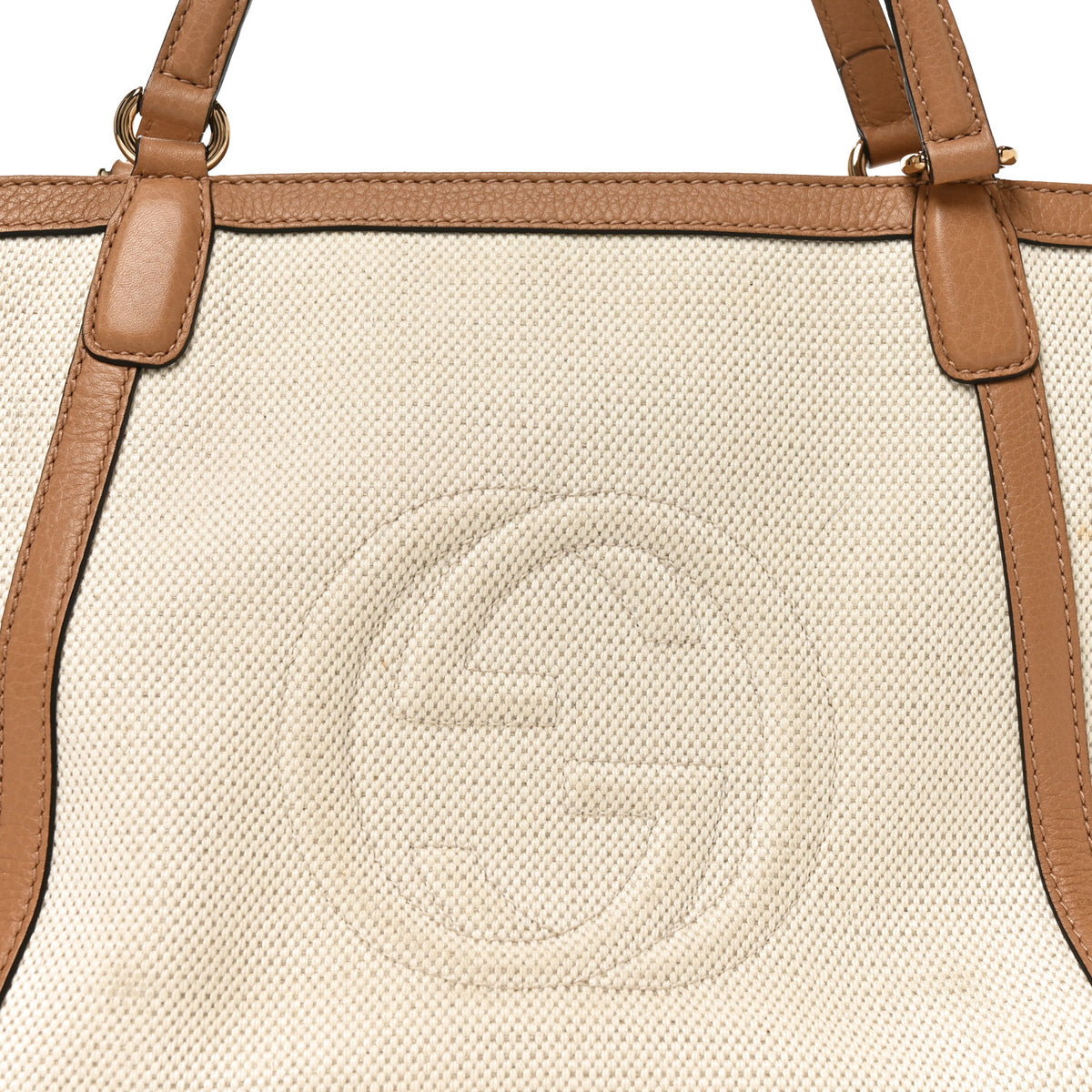 Linen Canvas Pebbled Calfskin Small Soho Top Handle Bag White Camelia