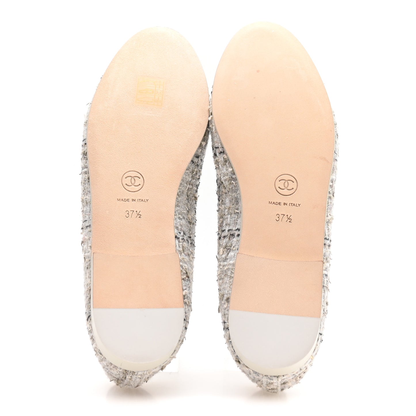 Wool Cotton Tweed Lambskin Cap Toe Ballerina Flats 37.5 Gray Black Gold