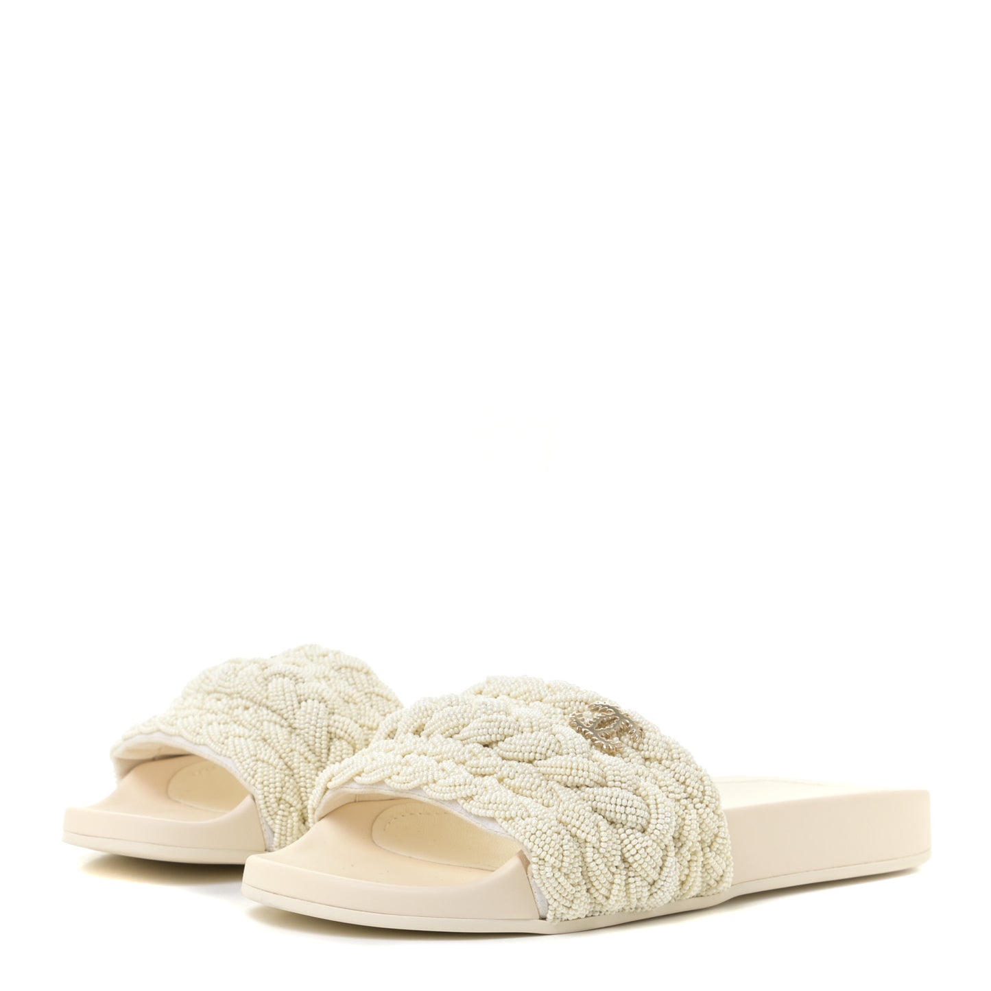 Lambskin Pearl Beaded Woven Slides 39 Beige