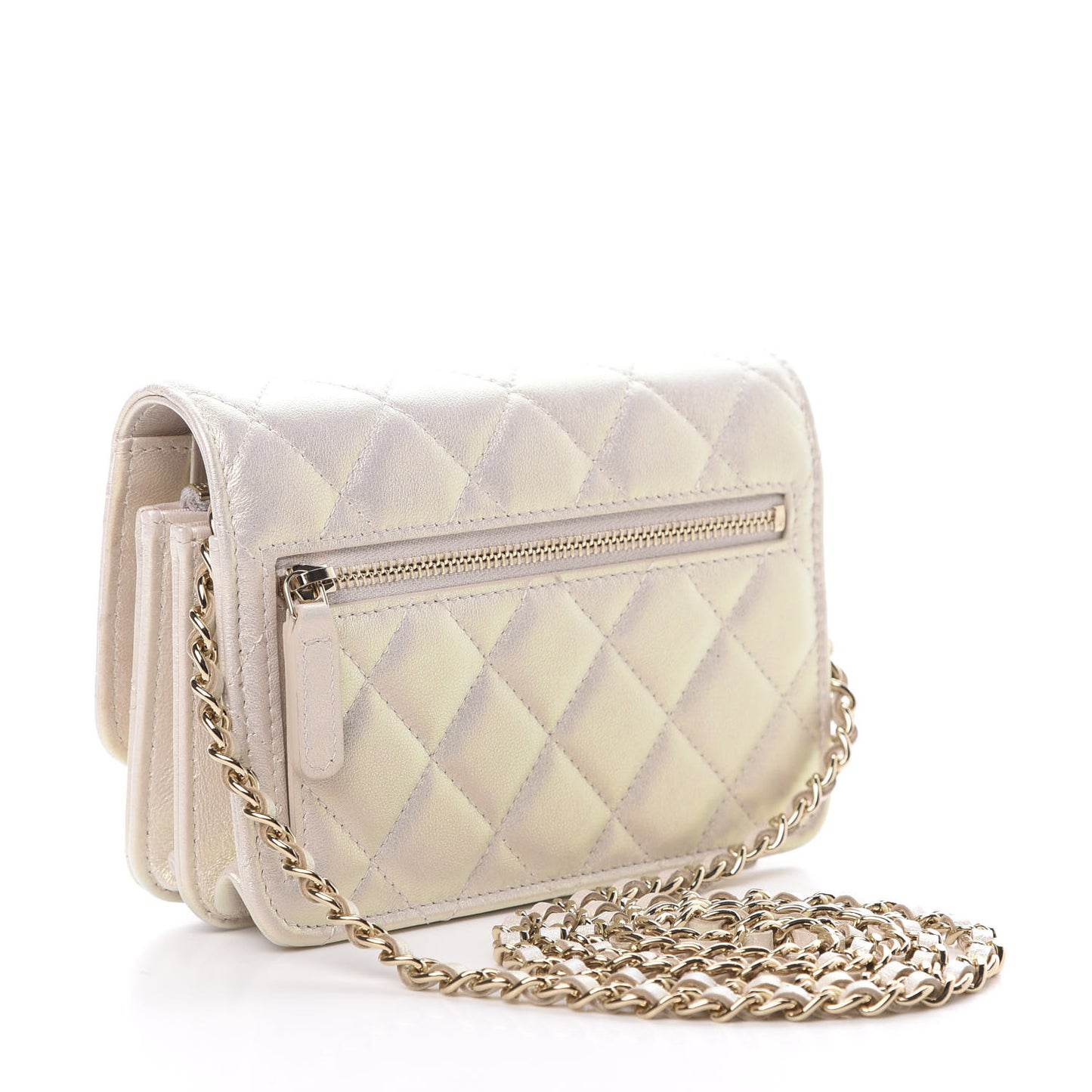 Iridescent Lambskin Quilted Mini Wallet On Chain WOC Ivory