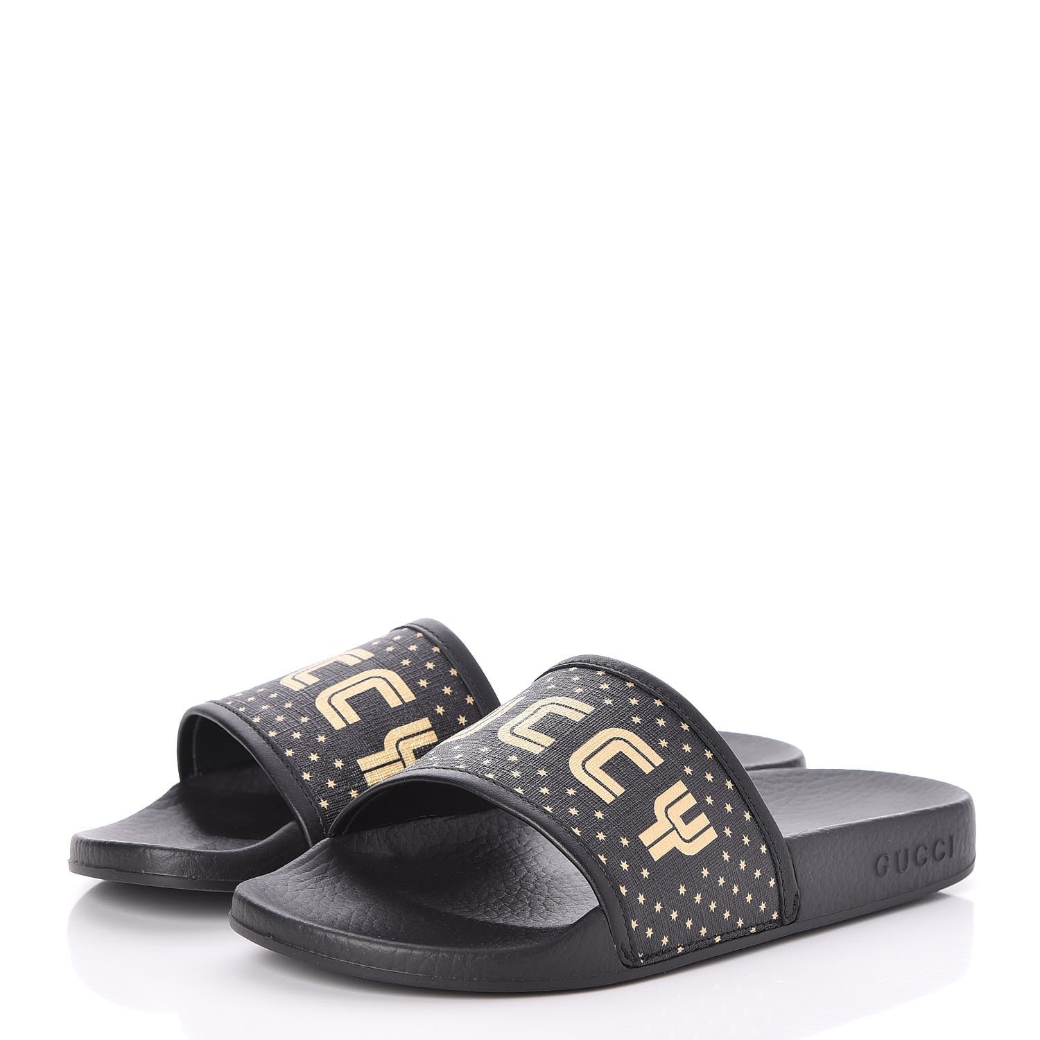 Gucci X SEGA Supreme Canvas GUCCY Stars Womens Slide Sandals 37 Black Gold 3 of 9
