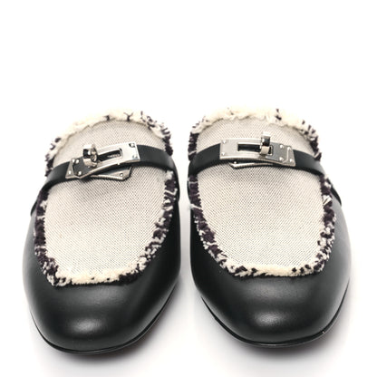 Hermes Toile Calfskin Fringe Womens Oz Mules 36.5 Black Prunoir 2 of 10