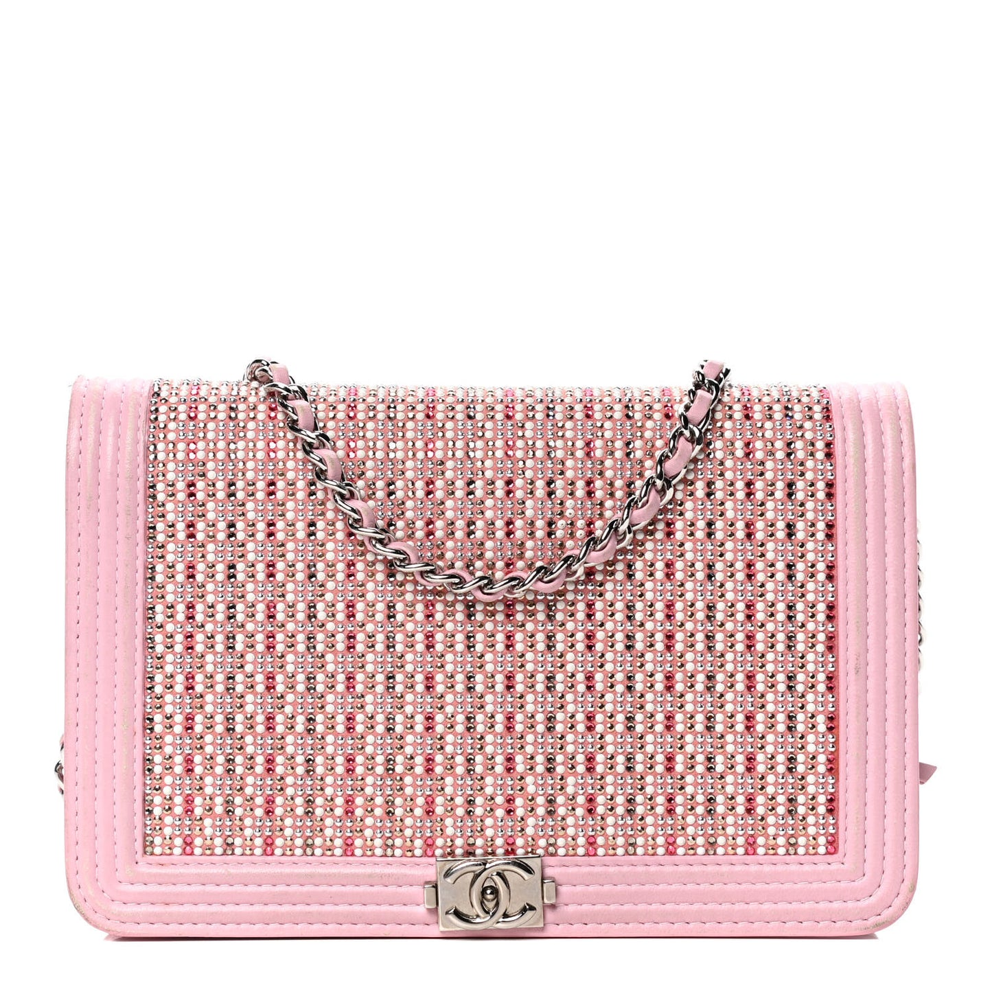 Calfskin Crystal Studded Boy Wallet On Chain WOC Pink