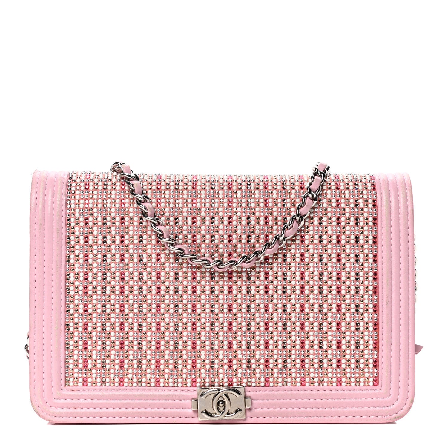 Chanel Calfskin Crystal Studded Boy Wallet On Chain WOC Pink 1 of 6