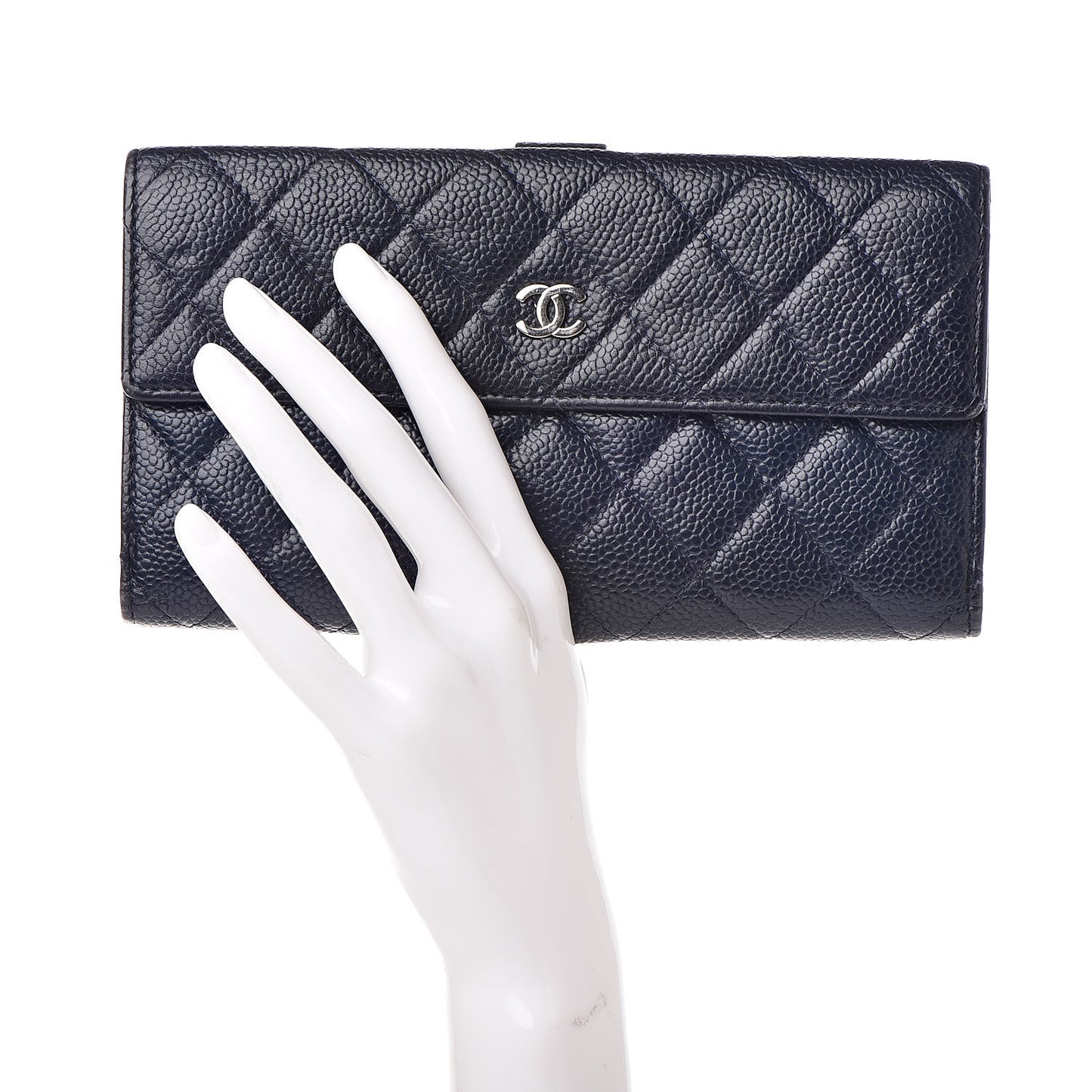 Caviar Quilted CC Long Double Wallet Navy