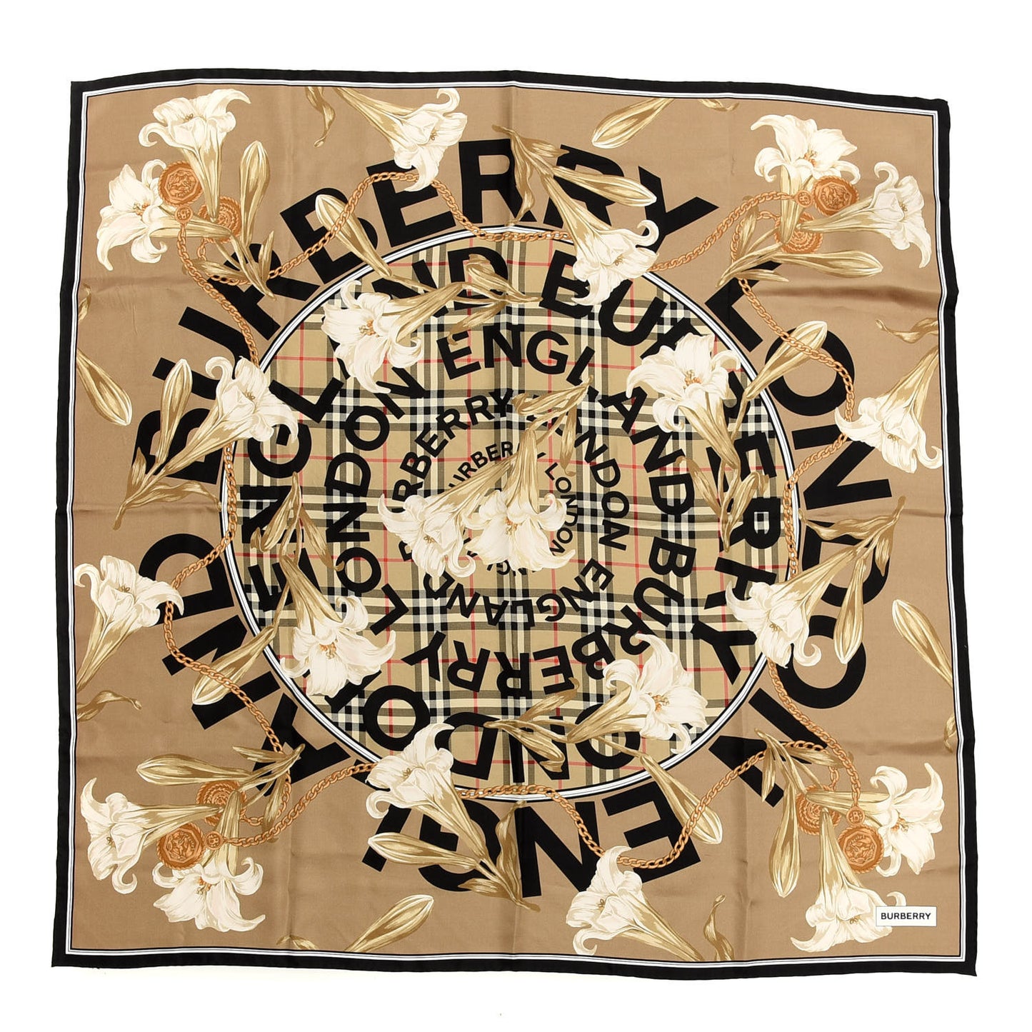 Silk Check Lillies Square Scarf Archive Beige