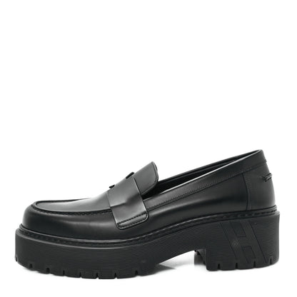 Hermes Glazed Calfskin Womens Hitch Loafers 38 Black 1 of 9