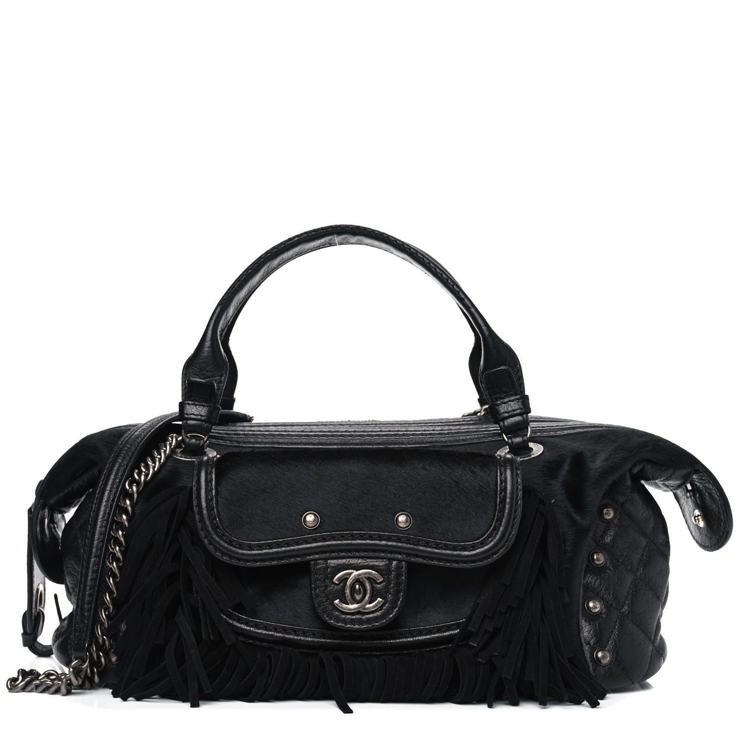 Calfskin Pony Hair Fringe Bowling Bag Black