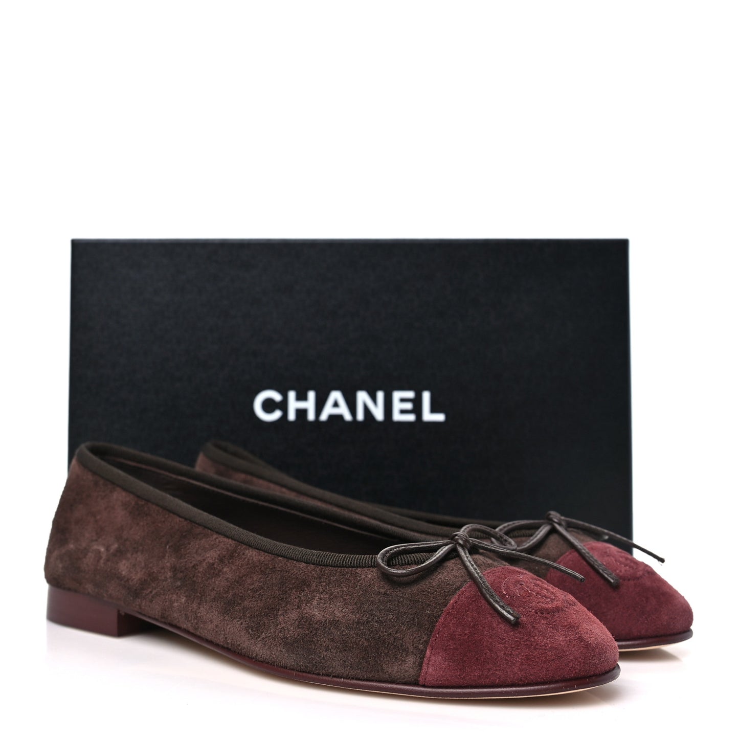 Suede Calfskin Cap Toe CC Ballerina Flats 37.5 Dark Brown Burgundy