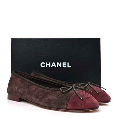 Chanel Suede Calfskin Cap Toe CC Ballerina Flats 37.5 Dark Brown Burgundy 10 of 10