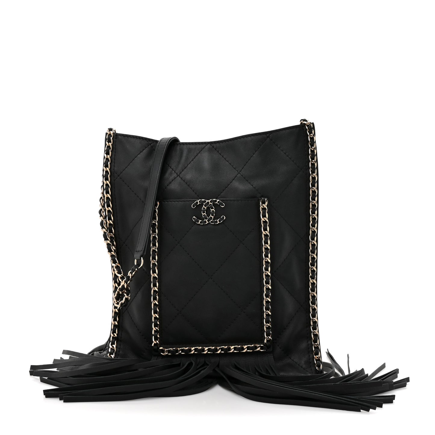 Calfskin Quilted Fringe Small Shopping Bag Black