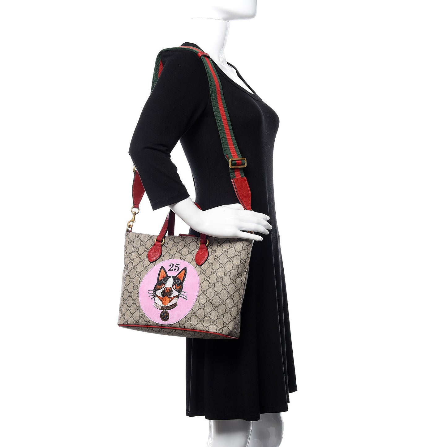 Soft GG Supreme Monogram Web Bosco Patch Small Crossbody Tote Beige Malva Hibiscus Red