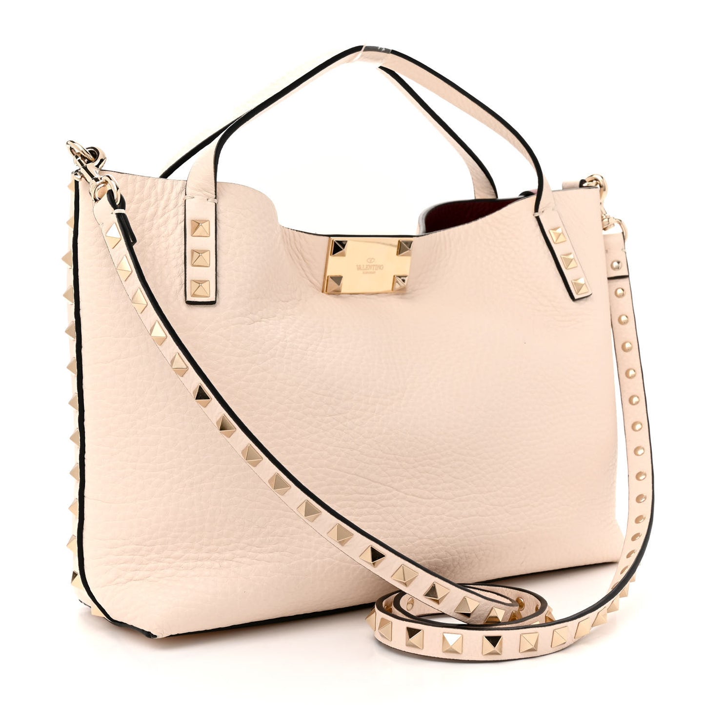 Grained Calfskin Small Rockstud Flip Lock Tote Light Ivory Rubino