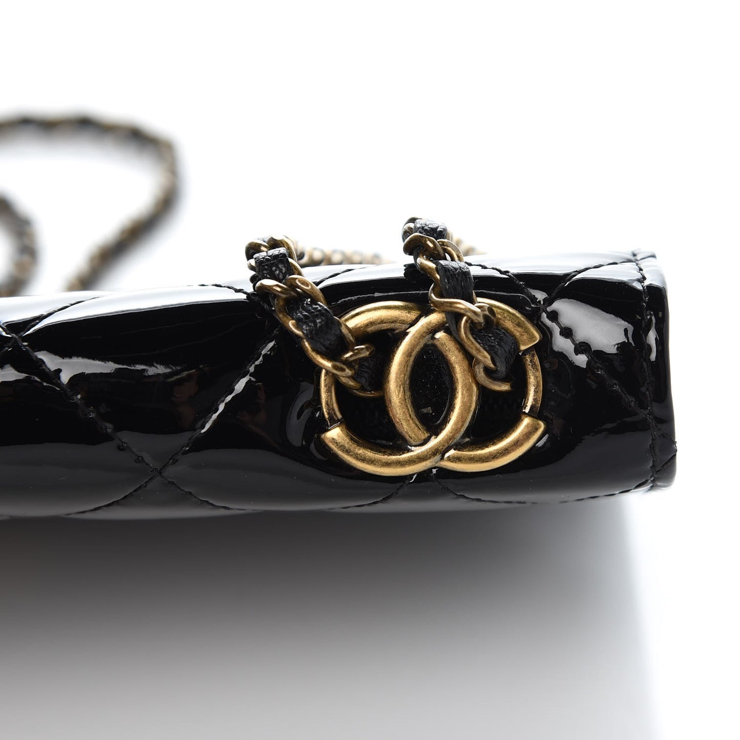 Patent Goatskin Quilted CC Eyelet Wallet On Chain WOC Black