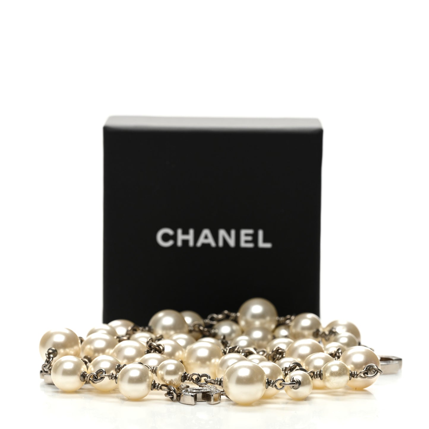 Graduated Pearl Crystal CC Long Necklace Silver