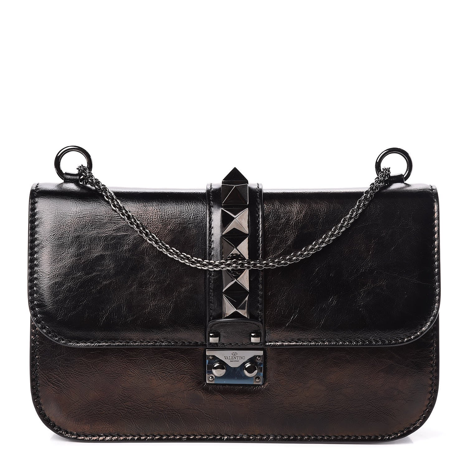 Valentino Garavani Craquele Calfskin Medium Glam Lock Rockstud Flap Black 1 of 10