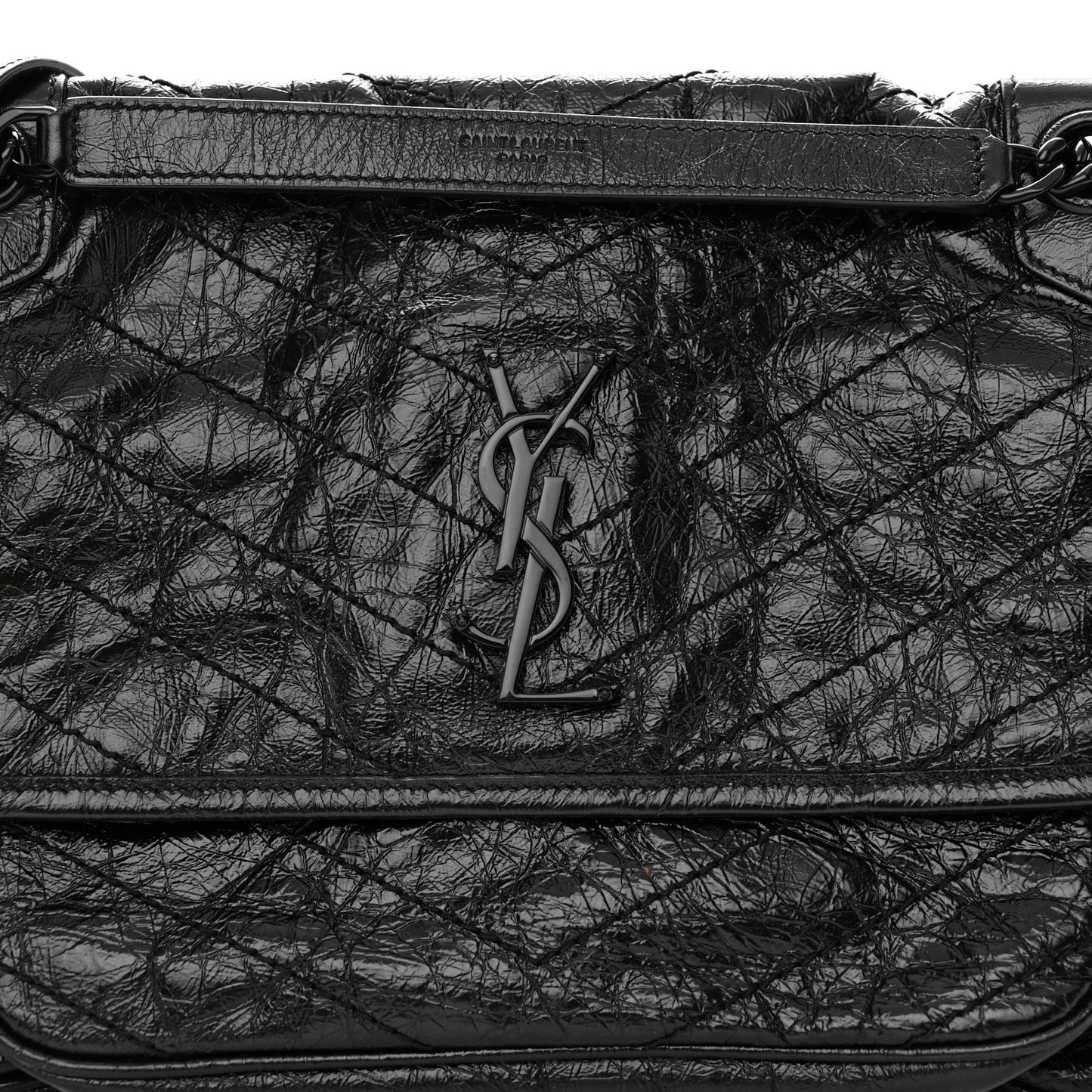 Crinkled Calfskin Matelasse Monogram Medium Niki Chain Satchel Black