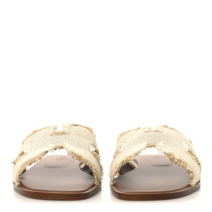 Hermes Linen Canvas Fringe Oran Sandals 39 Beige 3 of 10