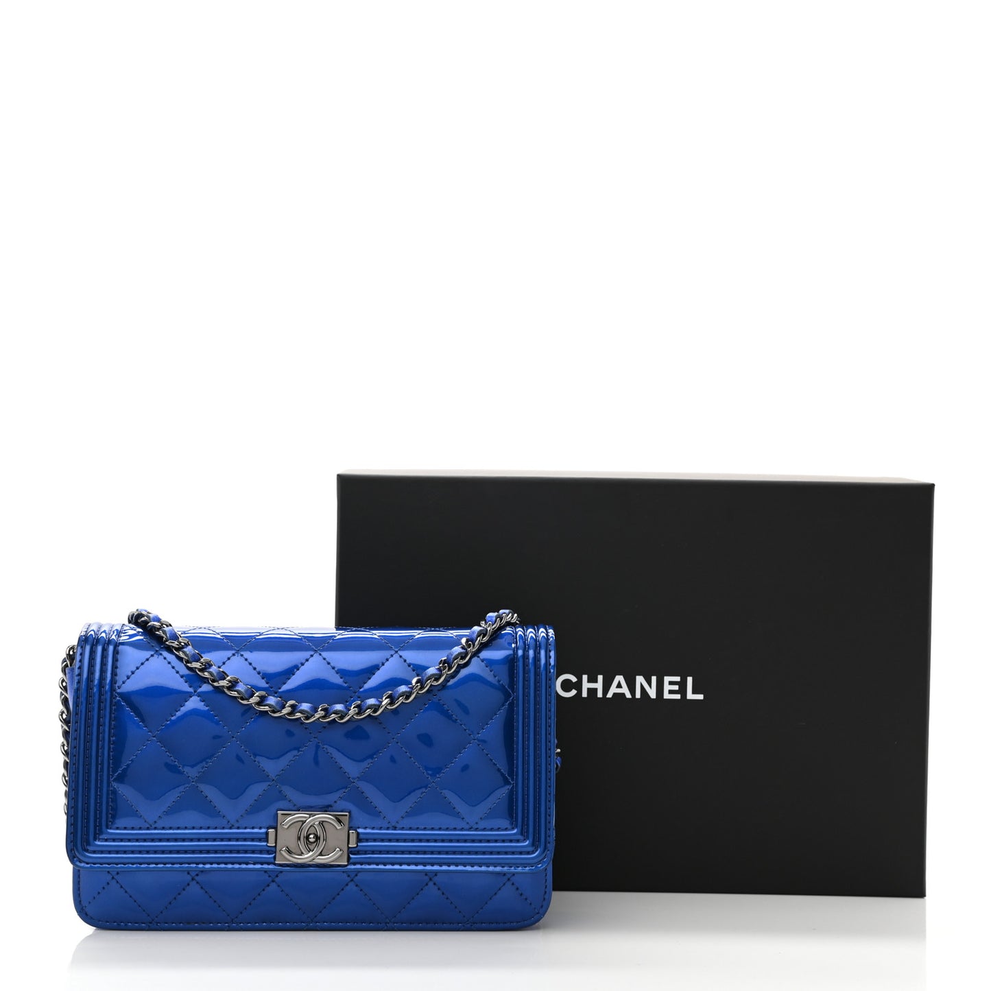 Metallic Patent Calfskin Quilted Boy Wallet On Chain WOC Blue