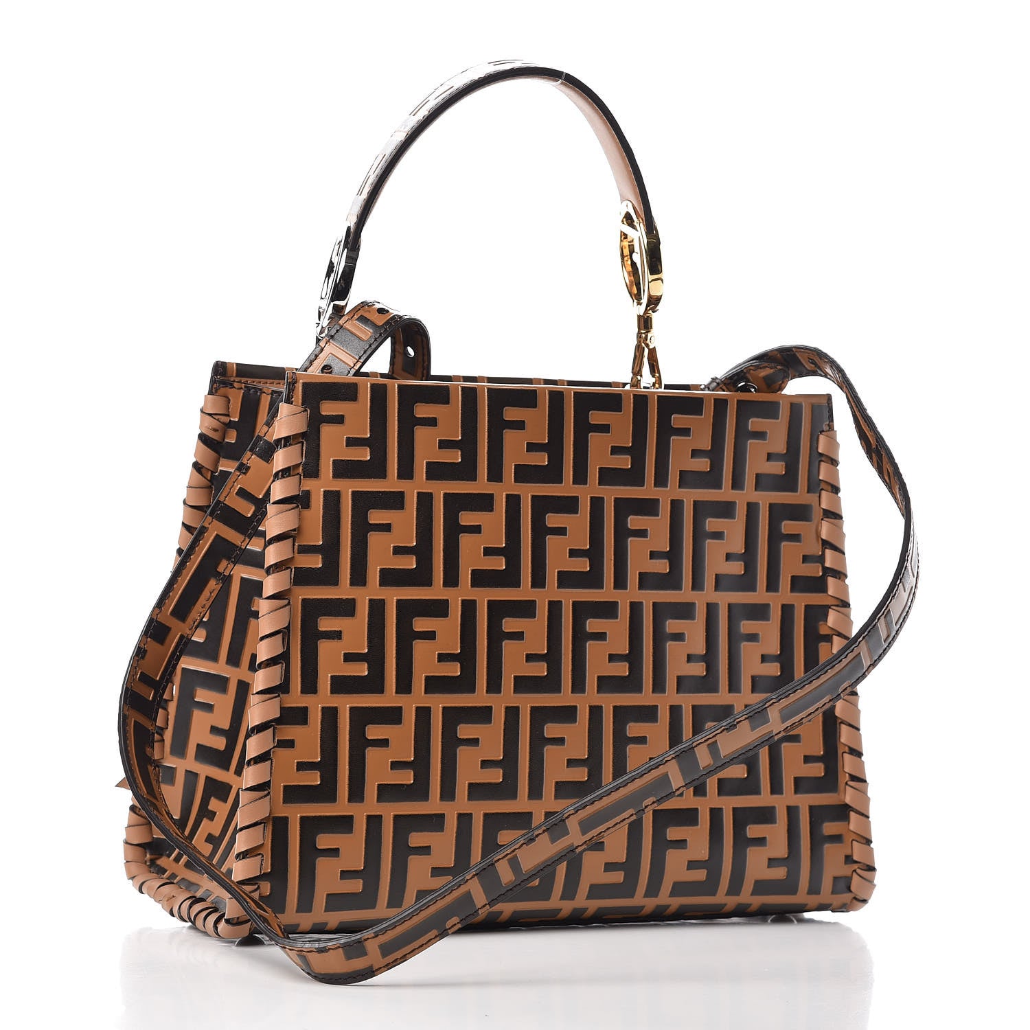 Fendi Vitello Century F is Fendi Whipstitch Threads FF Embossed Small Runaway Satchel Tobacco Orzo 3 of 8