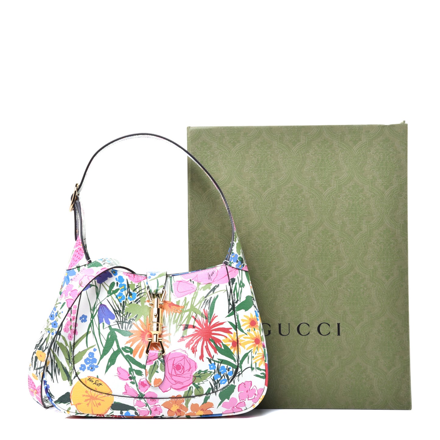 X KEN SCOTT New Shangai Calfskin Jardin D'Avril Floral Print Small Jackie 1961 Hobo Ivory Pink