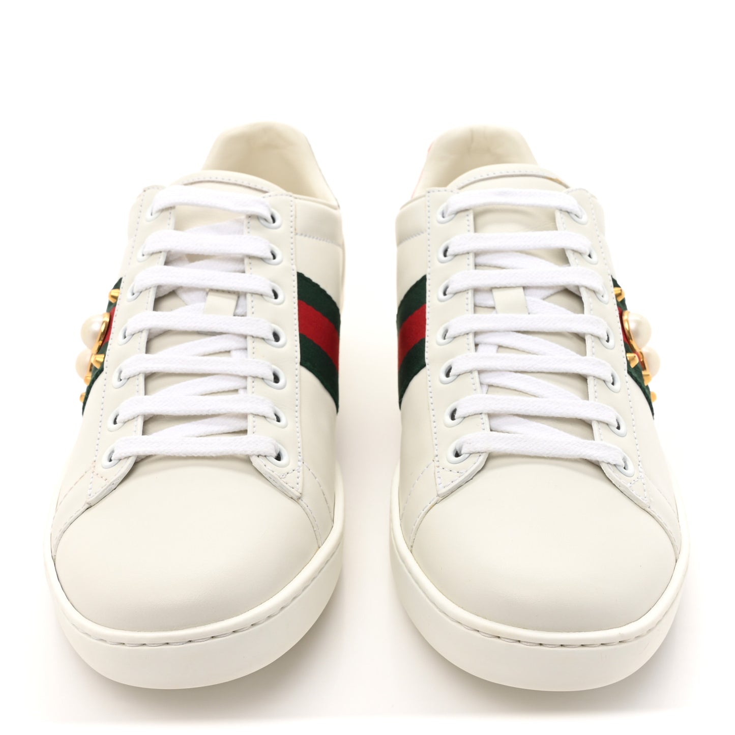 Calfskin Web Pearl Studded Womens Ace Sneakers 38.5 White