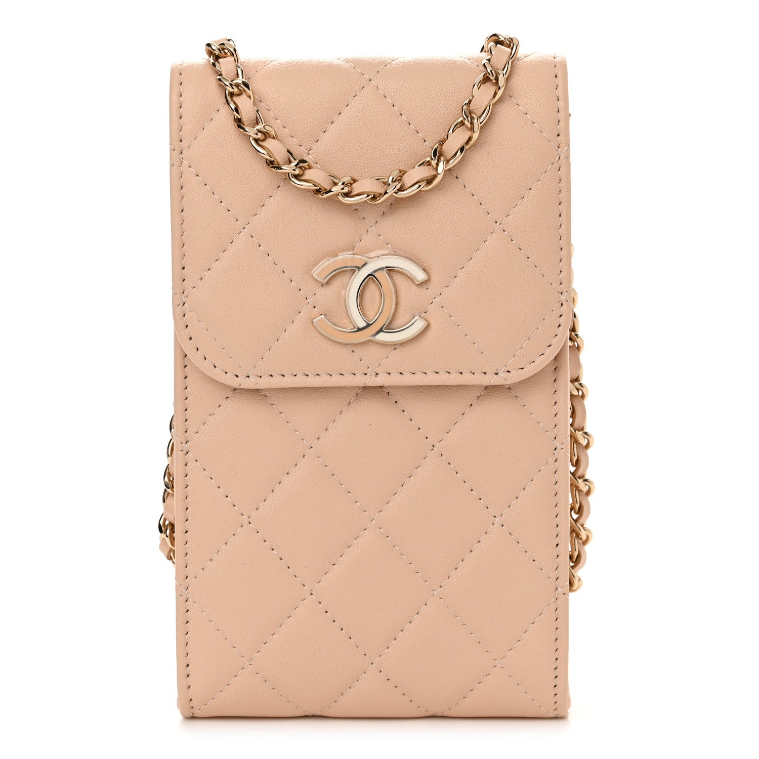 Chanel Lambskin Enamel Quilted Phone Holder With Chain Beige 1 of 12