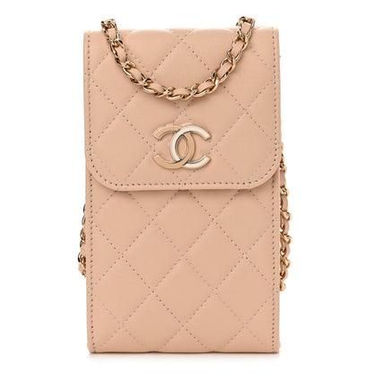 Chanel Lambskin Enamel Quilted Phone Holder With Chain Beige 1 of 12