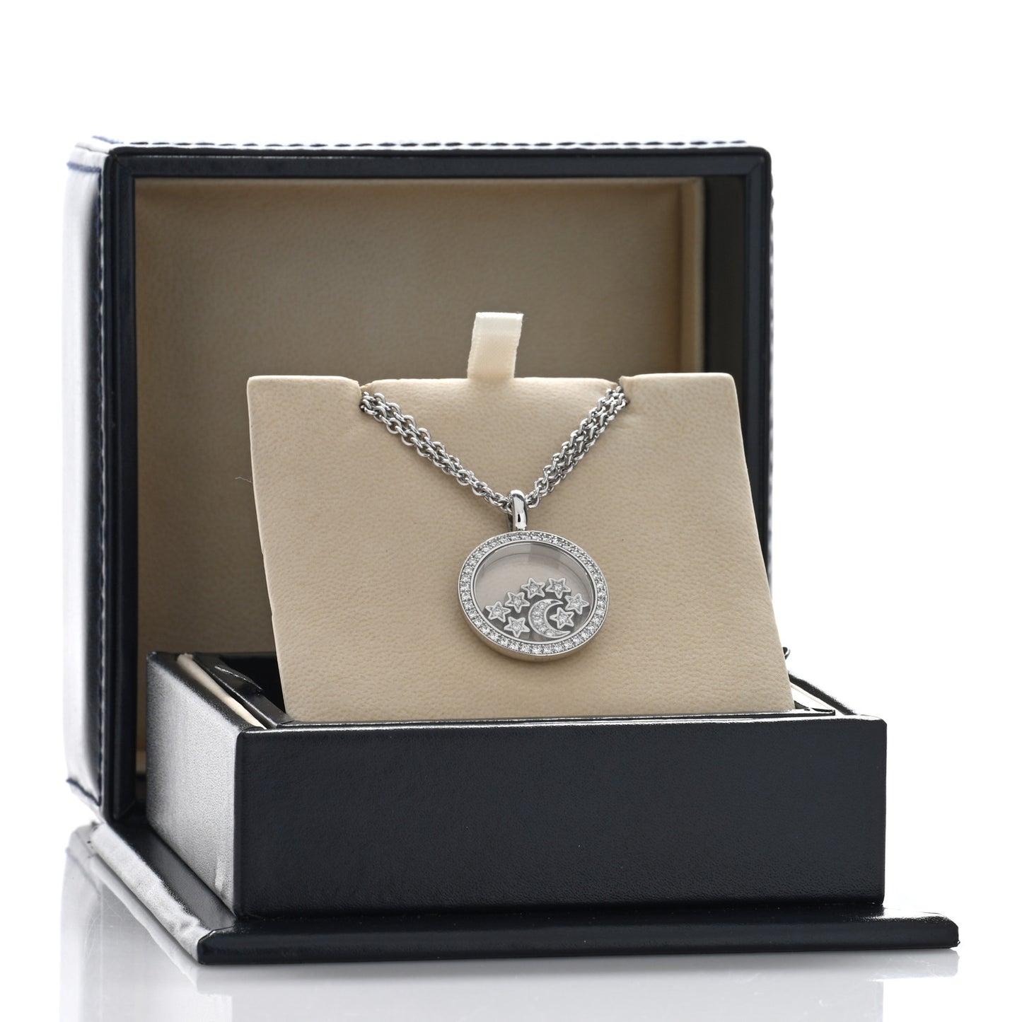 18K White Gold Diamond Happy Diamond Moon Stars Double Chain Pendant Necklace